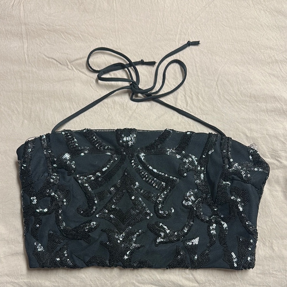 Black Sequin Tie Front Bustier Top